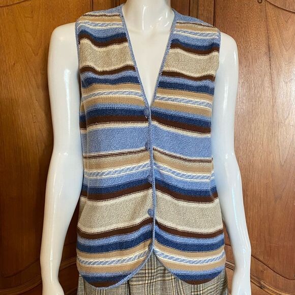 Vintage Sweater Vest Academia Blue Stripe Button Up Sweater Knit Vest Size L - Picture 4 of 8